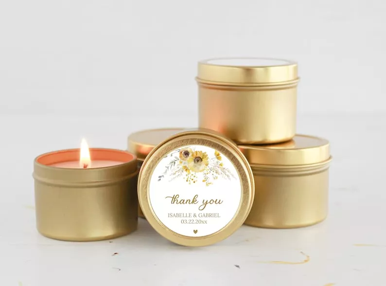 Rustic sunflower soy candle wedding favors with personalized labels