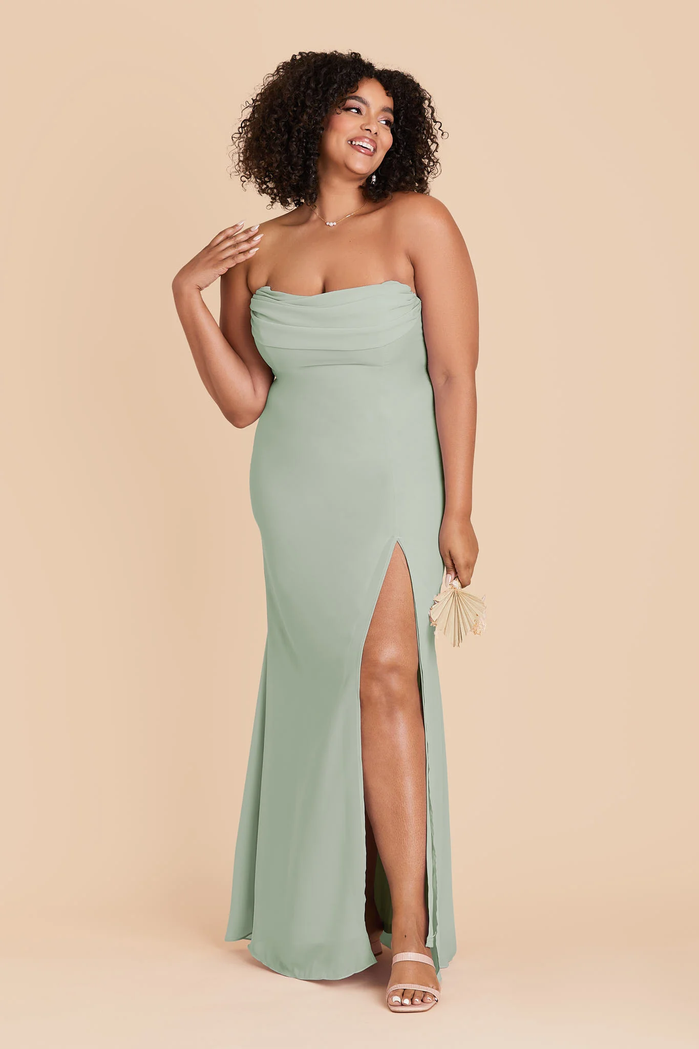 Sage green plus size bridesmaid dresses in soft chiffon fabric for outdoor wedding