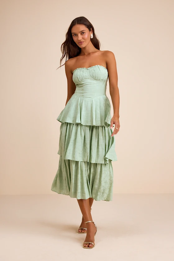 Sage tiered midi length garden wedding guest dress