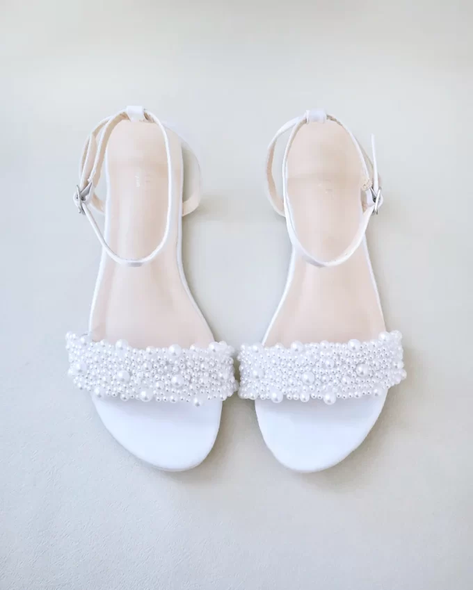 Satin and pearl embellished flat wedding sandals for the bride