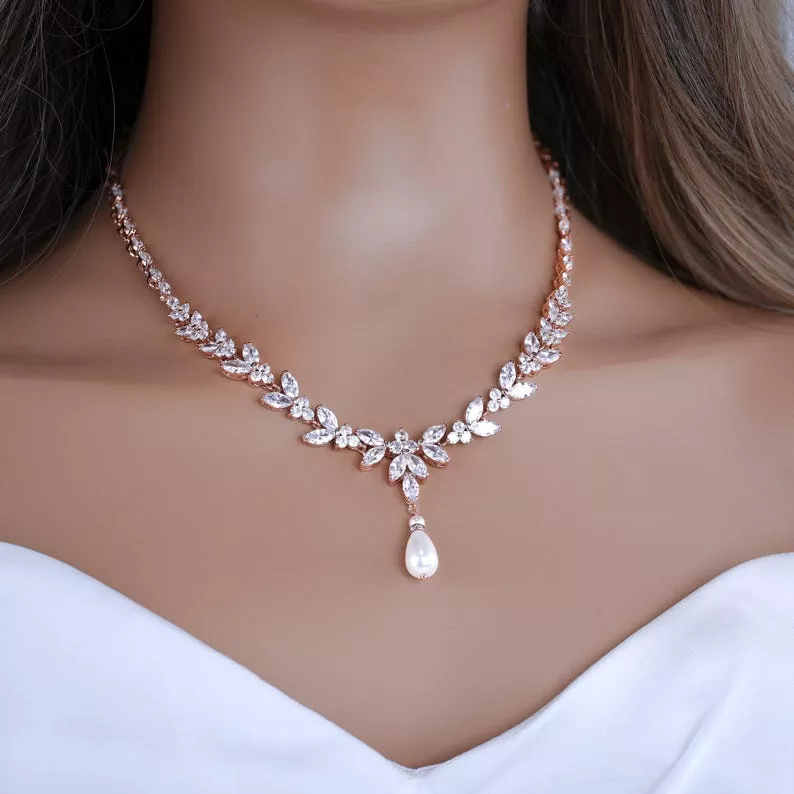 Crystal wedding necklace paired with a strapless wedding dress