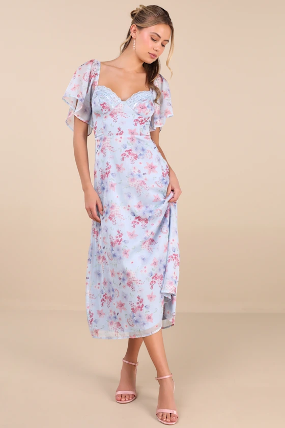 Floral garden party wedding guest dress in light blue print