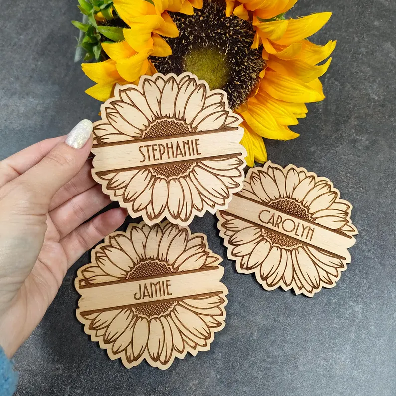 Personalized sunflower coaster favor with guest name on each - doubles as place card favors