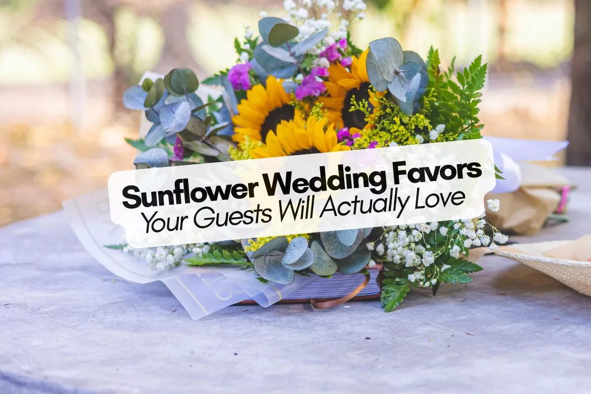 Sunflower wedding favor ideas displayed on a rustic wedding table with natural decor