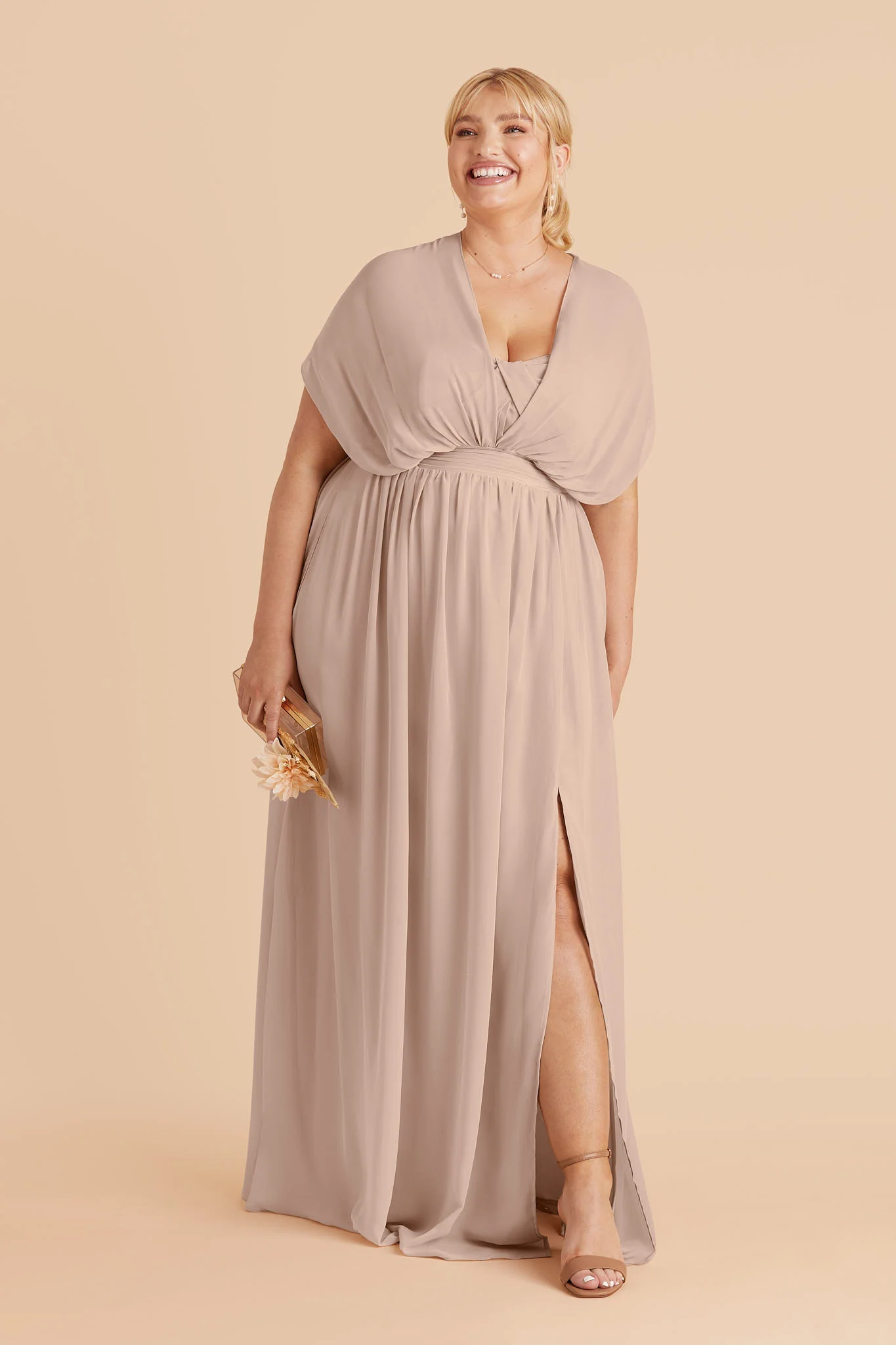 Plus size taupe draped bridesmaid dress in chiffon
