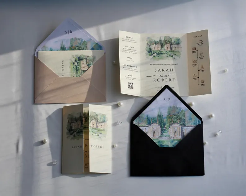 Open tri fold wedding invitation showing main invitation, RSVP, and details panels