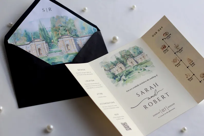 Example of watercolor trifold wedding invitation suite