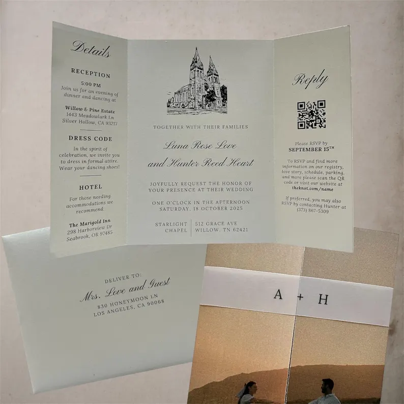 Trifold wedding invitation accompanied by matching RSVP card and envelope