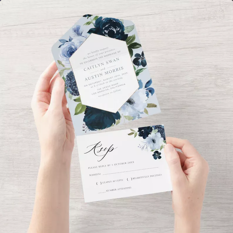 Trifold style wedding invitation where RSVP card can be detached