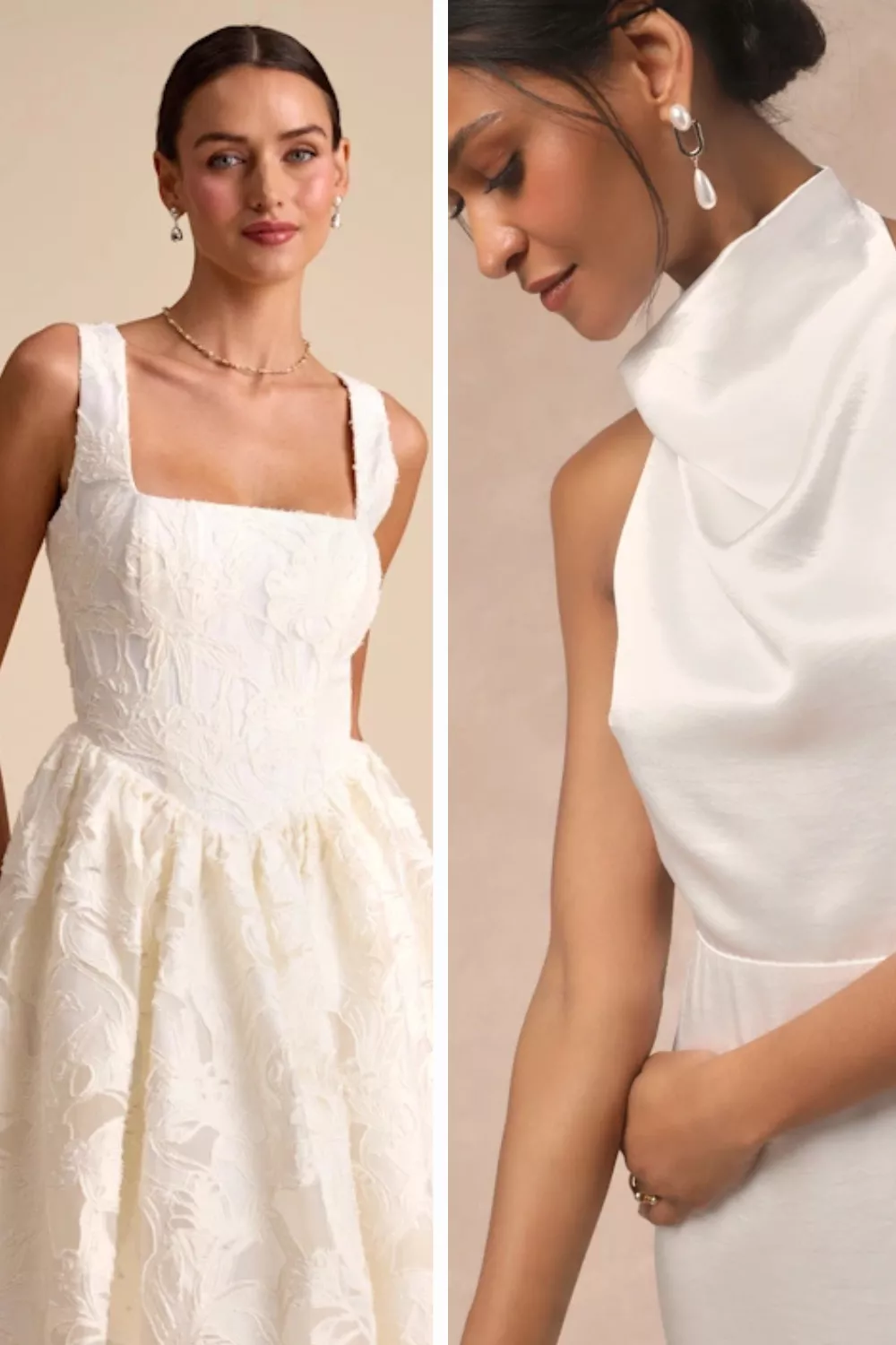 Wedding jewelry sets styled on square-neck wedding dress and halter neckline bridal dress