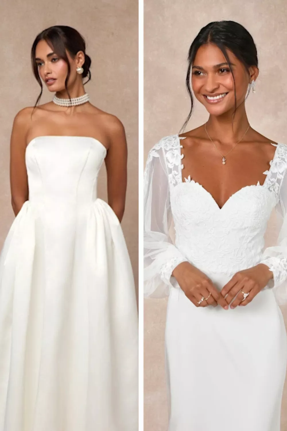 Wedding jewelry sets styled for strapless bridal dress neckline and v-neck notched neckline on bride