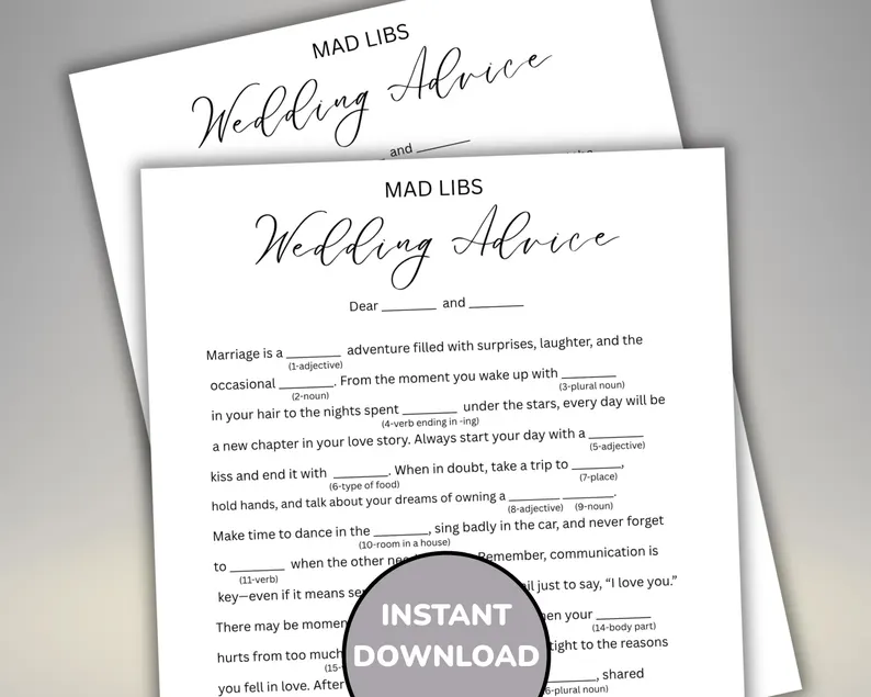 Bridal shower game mad libs cards