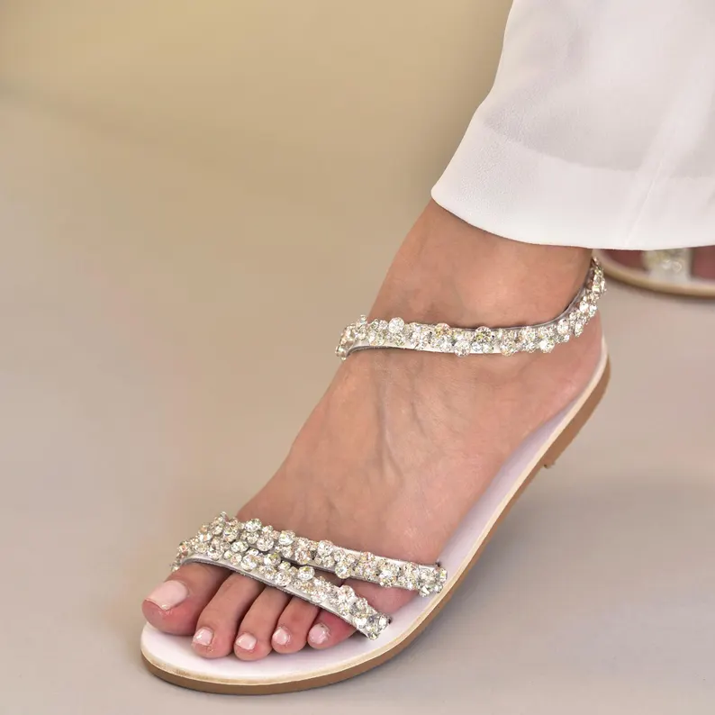 sparkly white wedding sandals bridal flats