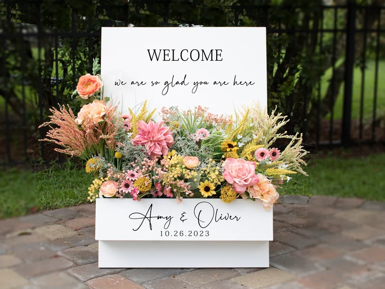 we're so glad you're here wedding welcome sign wording example