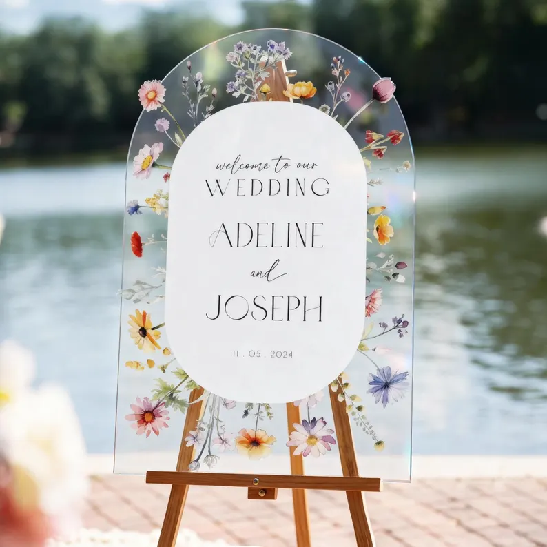 wedding welcome sign wording on acrylic wildflower style sign