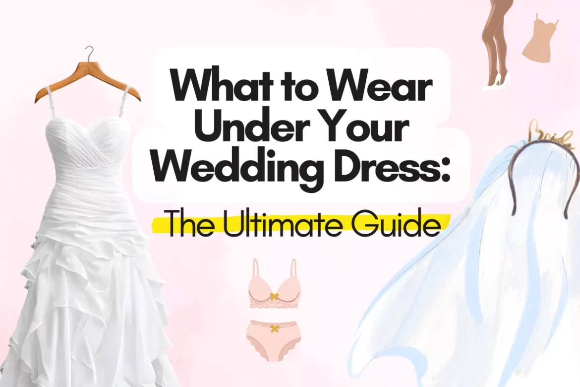 Flat lay of bridal undergarments and wedding emergency kit, including seamless underwear, strapless bra, boob tape, and petticoat, for what to wear under your wedding dress