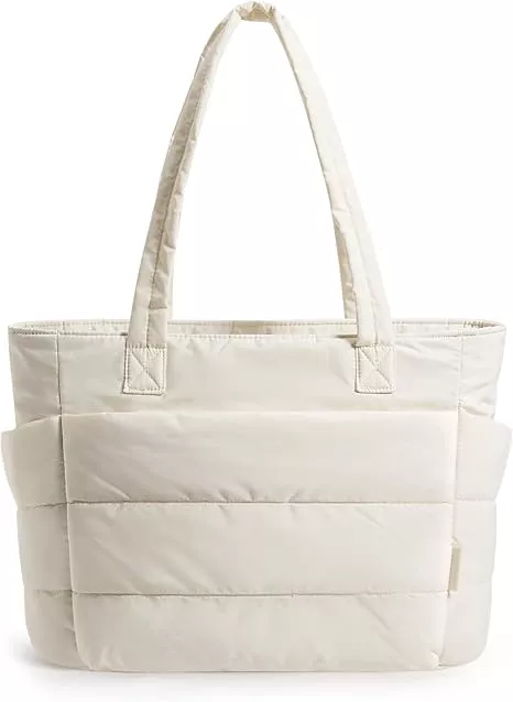 White puffer style tote bag for the bride to bring to the bridal shower