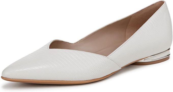 White pointed toe wedding flat shoes for brides who have wide feet