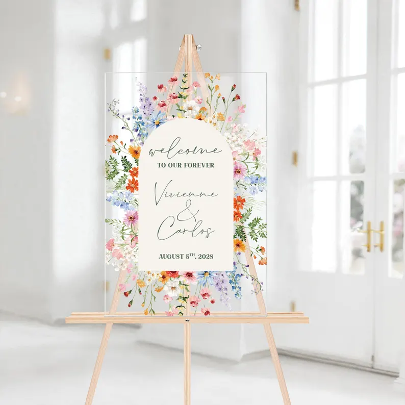Clear wildflower acrylic welcome sign on easel