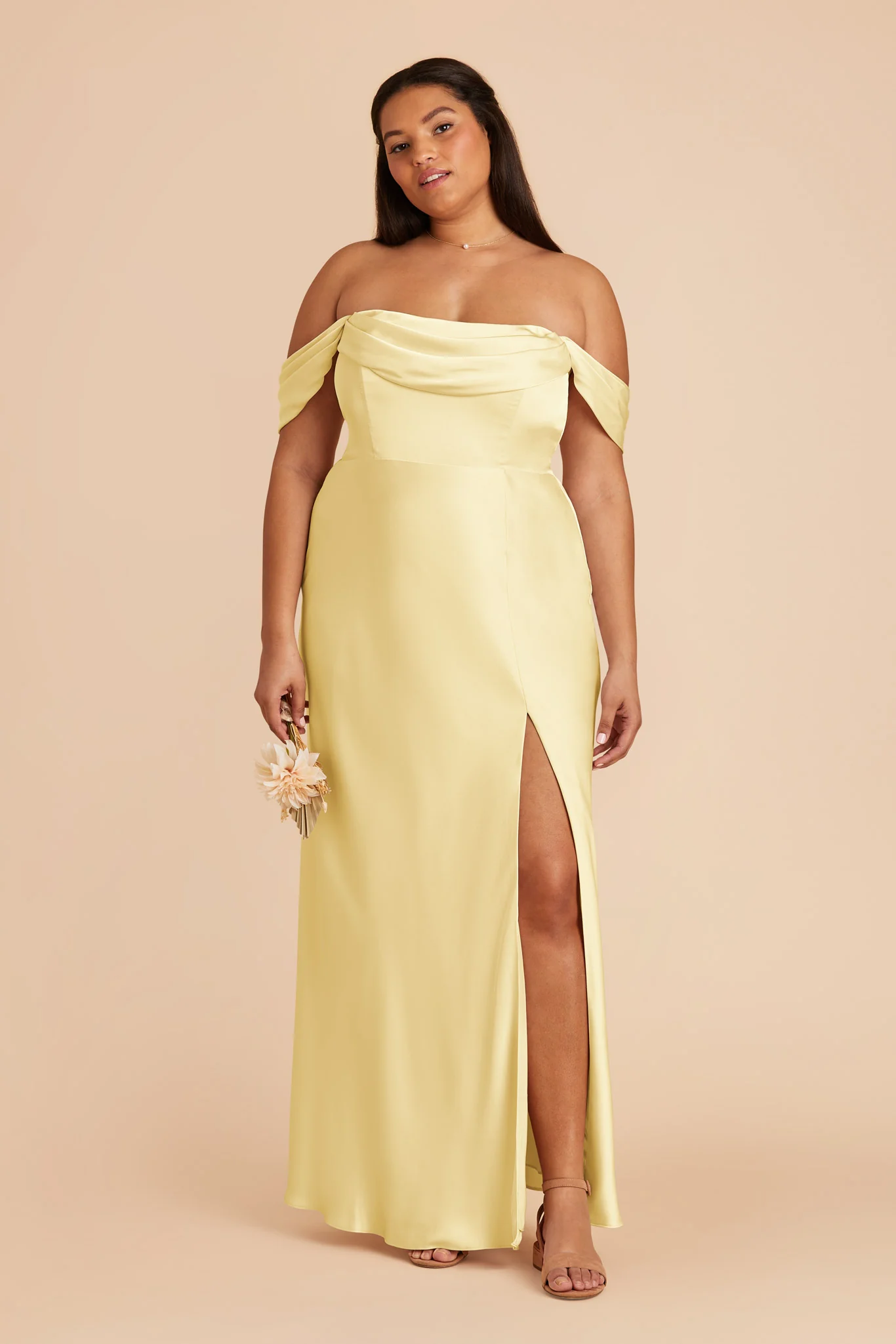 Off-the-shoulder plus size bridesmaid dresses in yellow satin