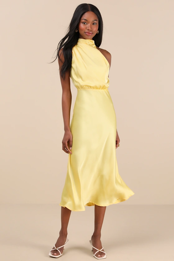 Yellow satin floral midi dress to wear as a guest to a garden party wedding