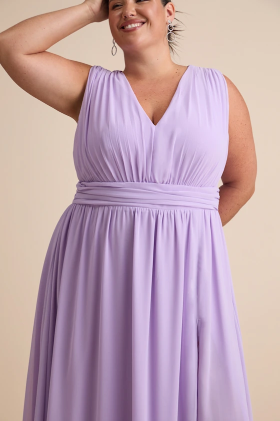 mother of the bride wearing pretty lavender plus size chiffon maxi dress