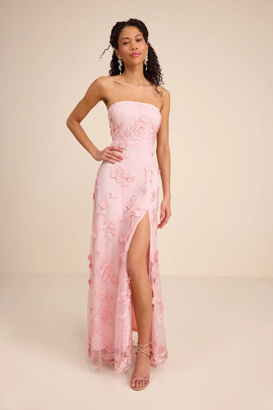 stylish floral embroidered strapless bridesmaid dress by Lulus