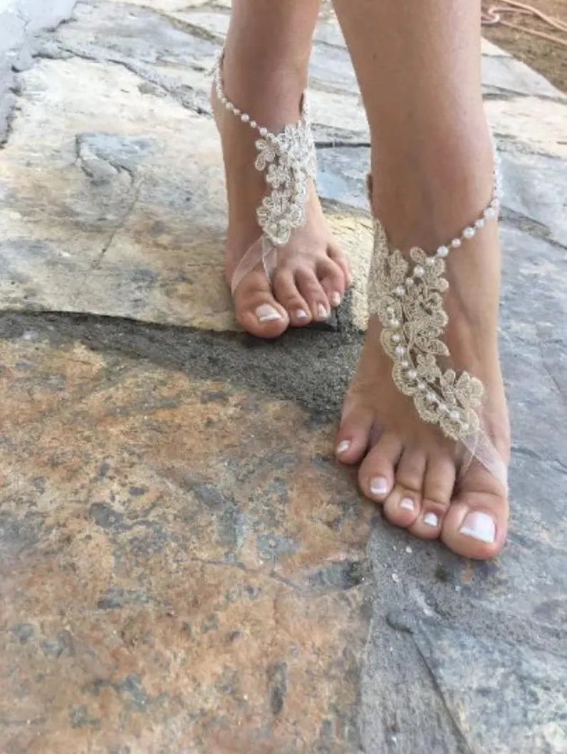 lace and pearl barefoot bridal sandals for beach wedding shoes
