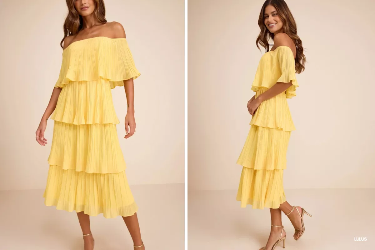 flutter sleeve beach wedding guest dress in yellow