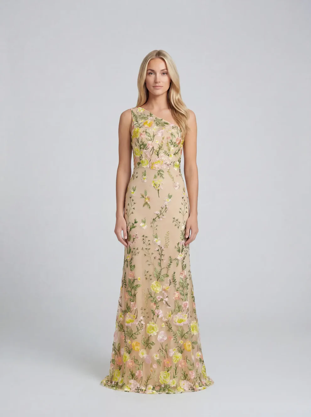 embroidered one-shoulder petite mother of the bride gown with flowers