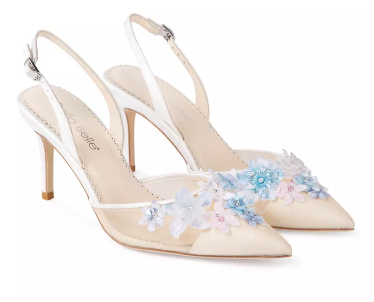 Bella Belle colorful pointed toe heels with flower embellishments for garden weddings