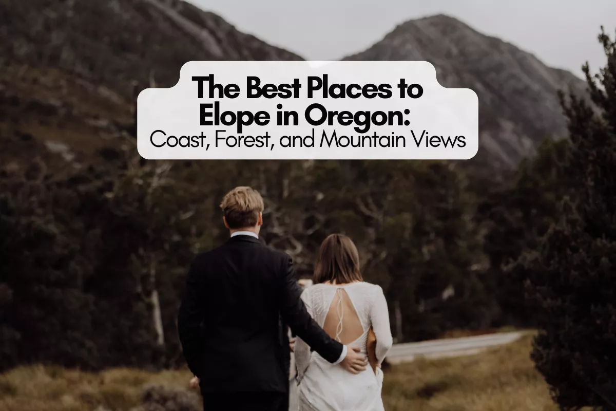 scenic Oregon elopement locations showing coastal cliffs, mossy forest waterfalls, and mountain peaks for couples