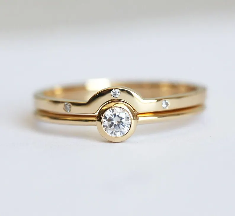 example of bezel set wedding band with engagement ring for flush fit