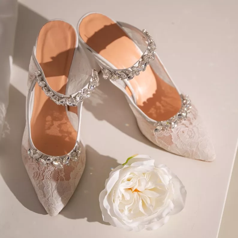 comfortable block heel bridal mules lace wedding shoes