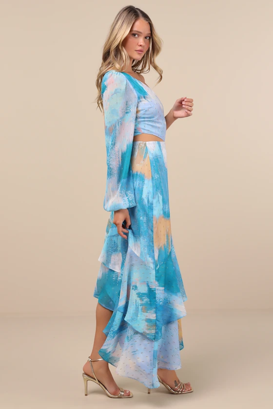 blue long sleeve beach wedding guest dress - what to wear to a seaside wedding guest