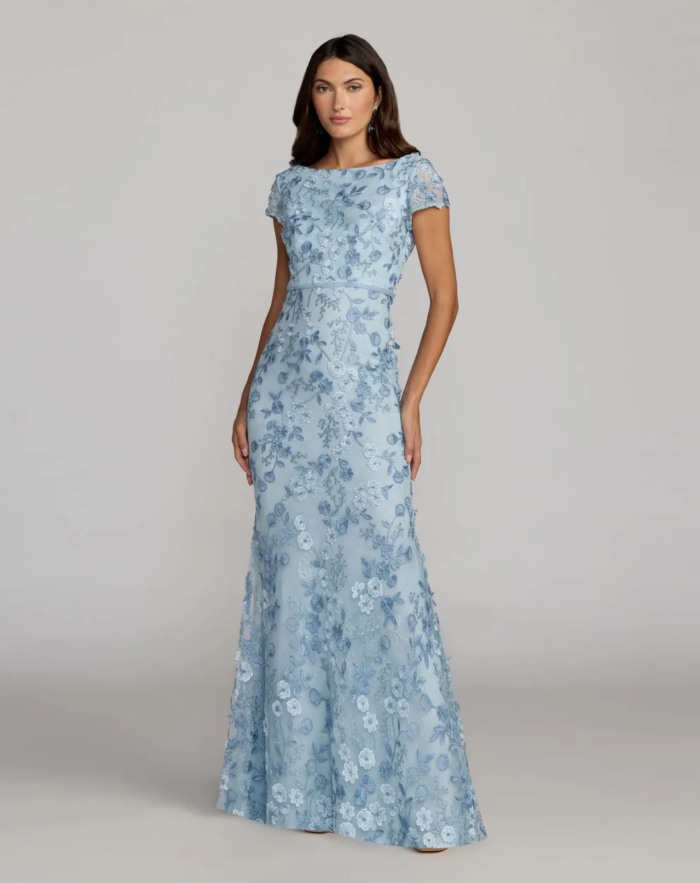 light blue petite mother of the bride gown with cap sleeves and beading