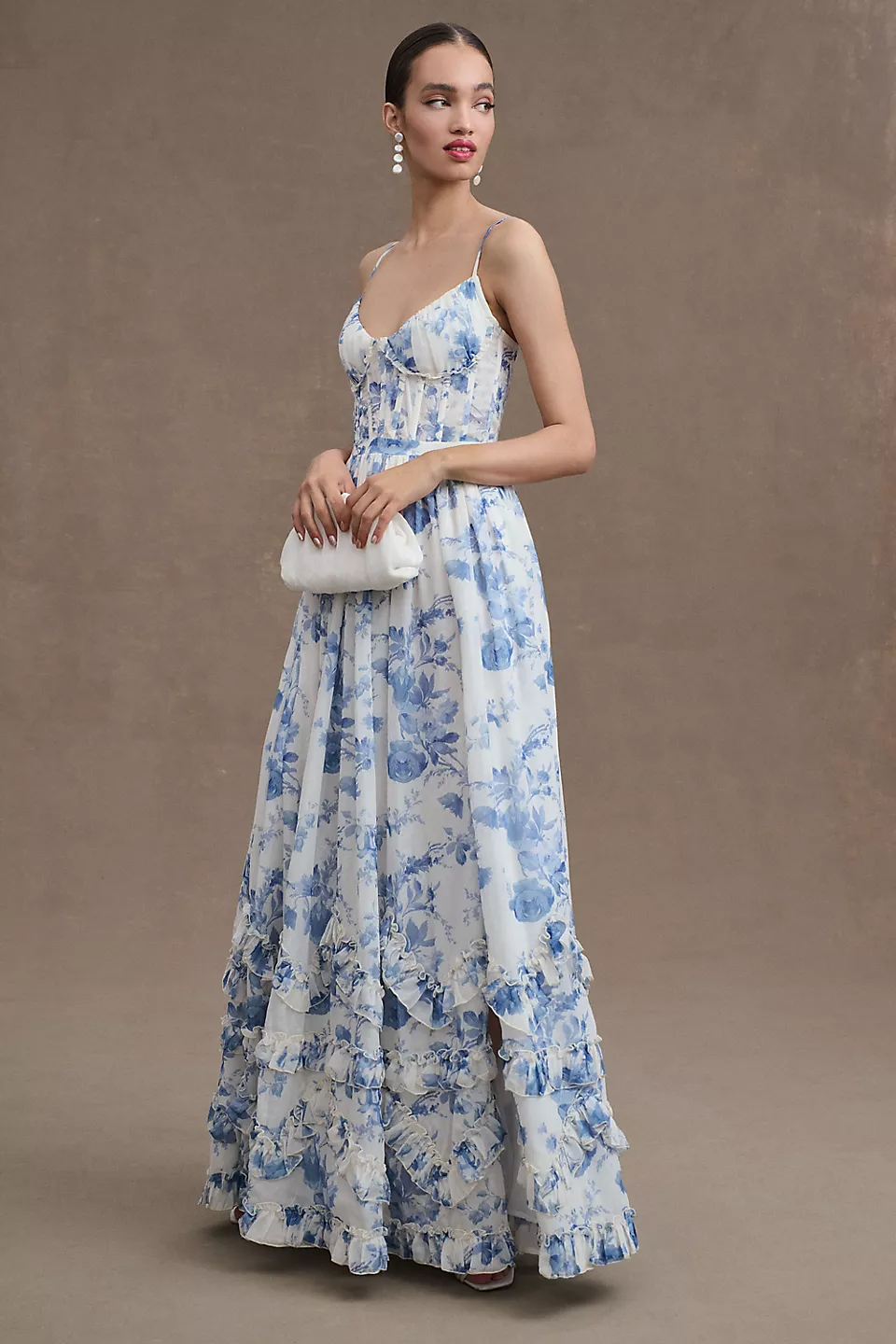 blue floral maxi bridal shower dress instead of white