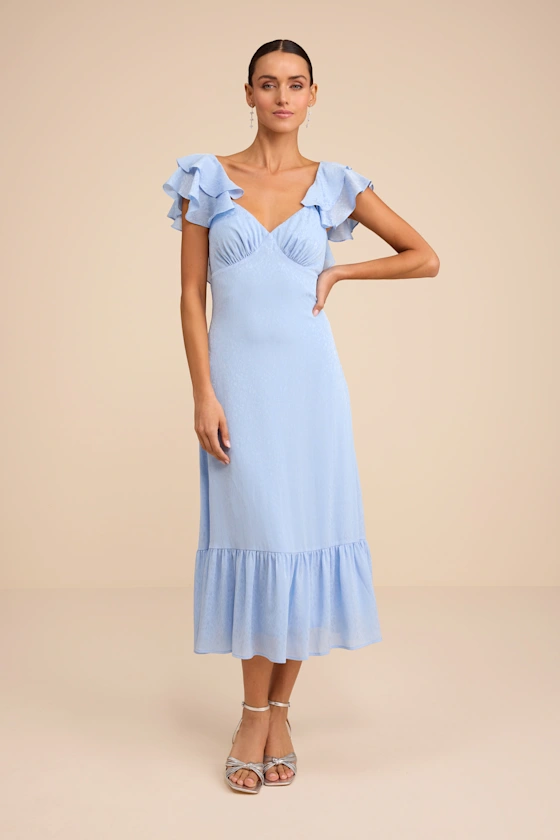 elegant ruffle sleeve light blue midi dress for a beach wedding guest