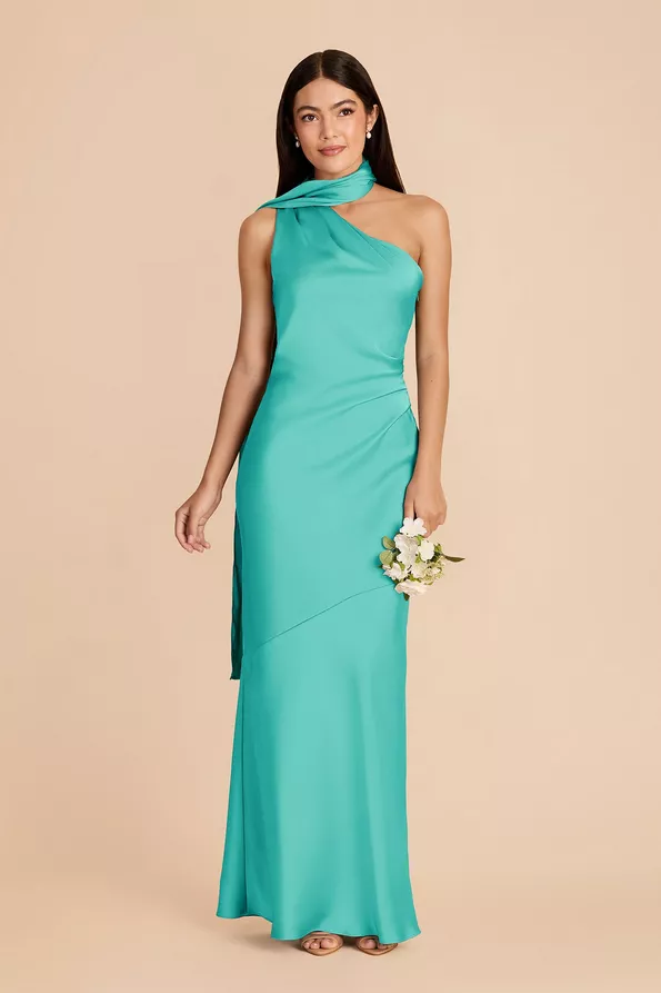 bright blue aquamarine satin bridesmaid dress