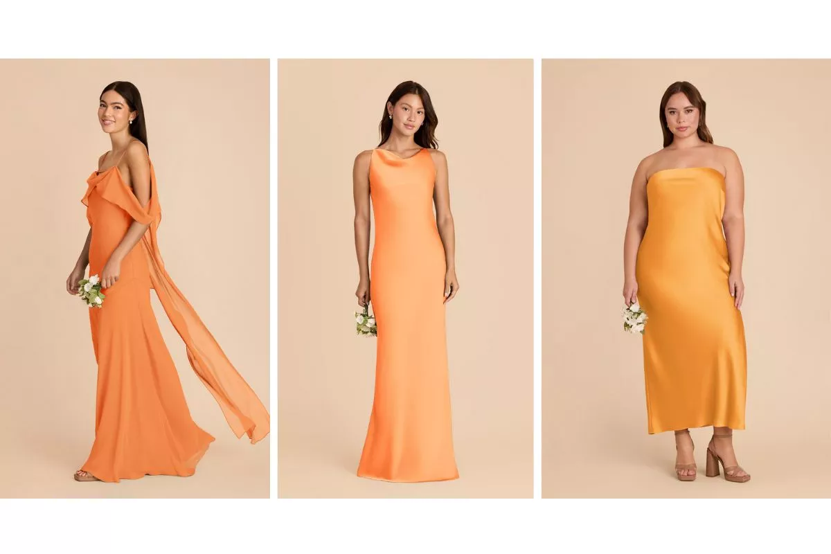 bridesmaid wearing bright orange tangerine bridesmaid dress