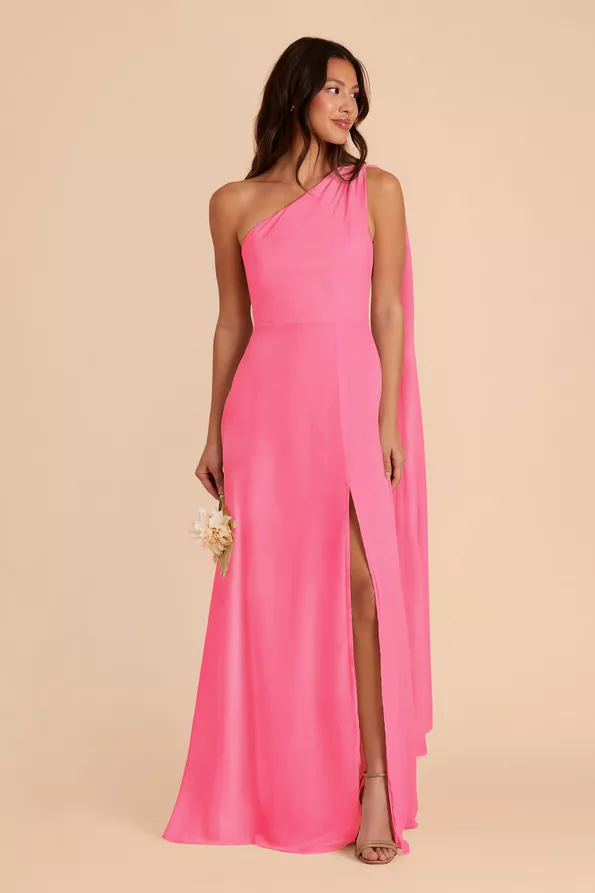bright pink one shoulder chiffon bridesmaid dress