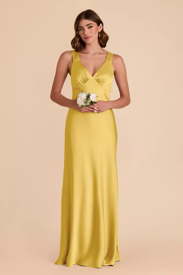 bright yellow bridesmaid dress sunflower satin maxi