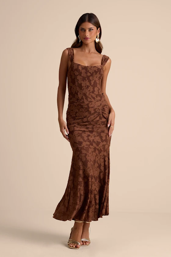 bridesmaid wearing stylish brown midi length dress with square neck that flatters
