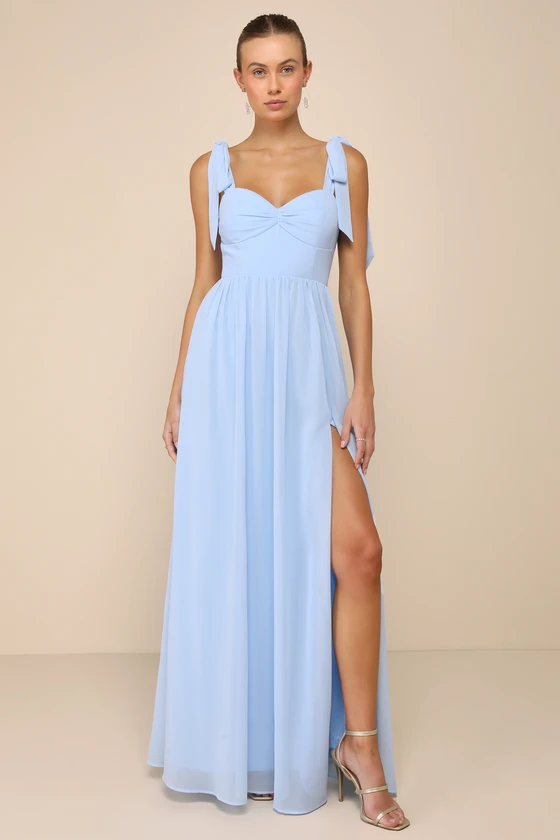 chiffon baby blue maxi length bridesmaid dress with shoulder ties