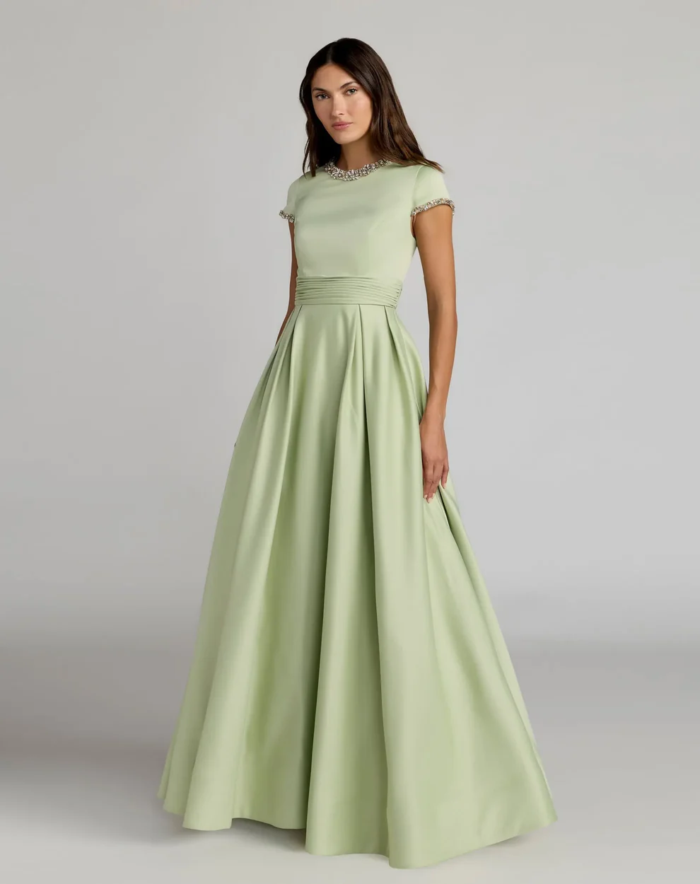 sage petite mother of the bride dress in satin with rhinestones