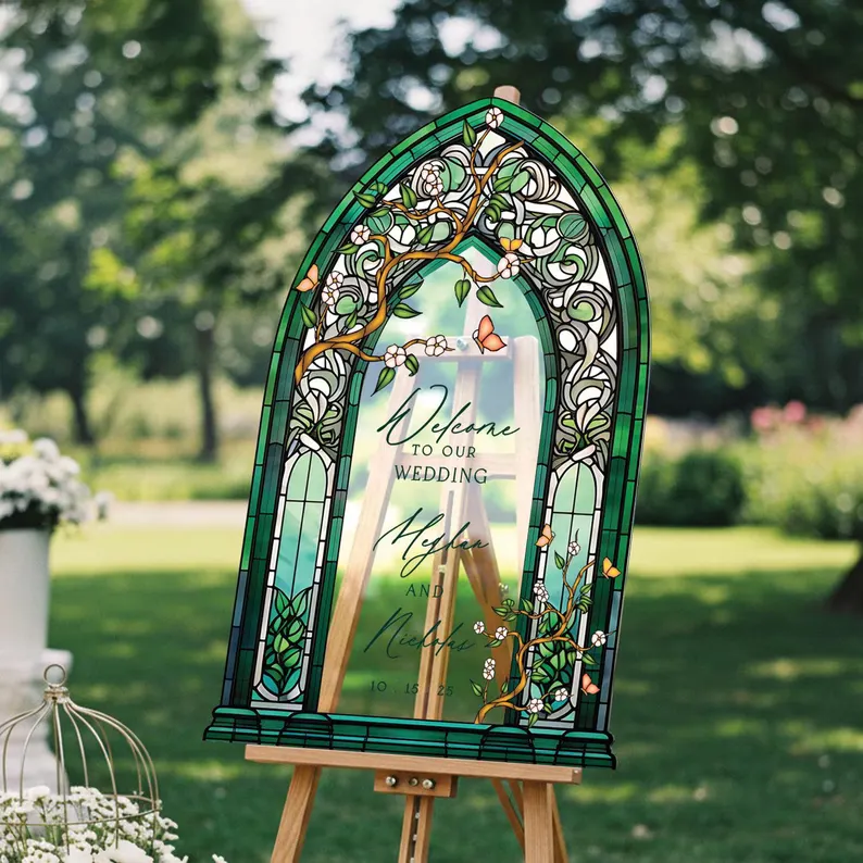 custom acrylic stained glass wedding welcome sign with floral pattern