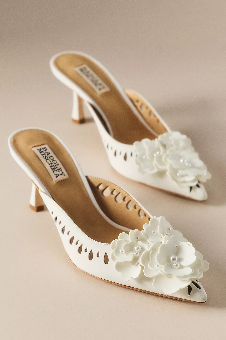 3D floral embellished bridal mule heels for garden weddings