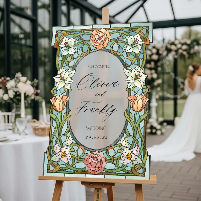 floral style stained glass wedding sign