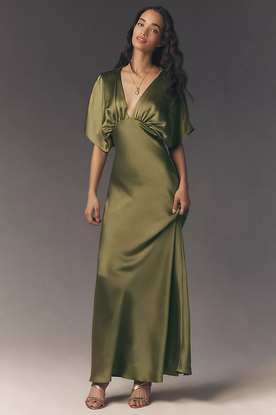 satin flutter sleeve maxi dress for beach wedding guest outfit