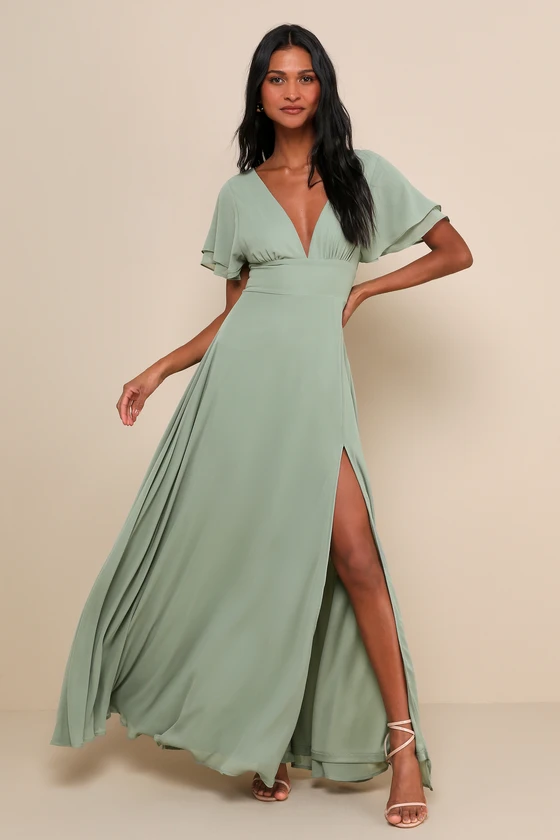 elegant flutter sleeve sage maxi dress for a beach wedding guest, comfortable and flattering